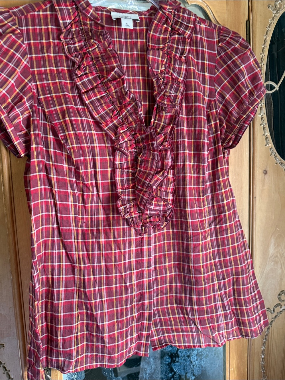 LOFT Red Plaid Ruffle V-Neck Blouse